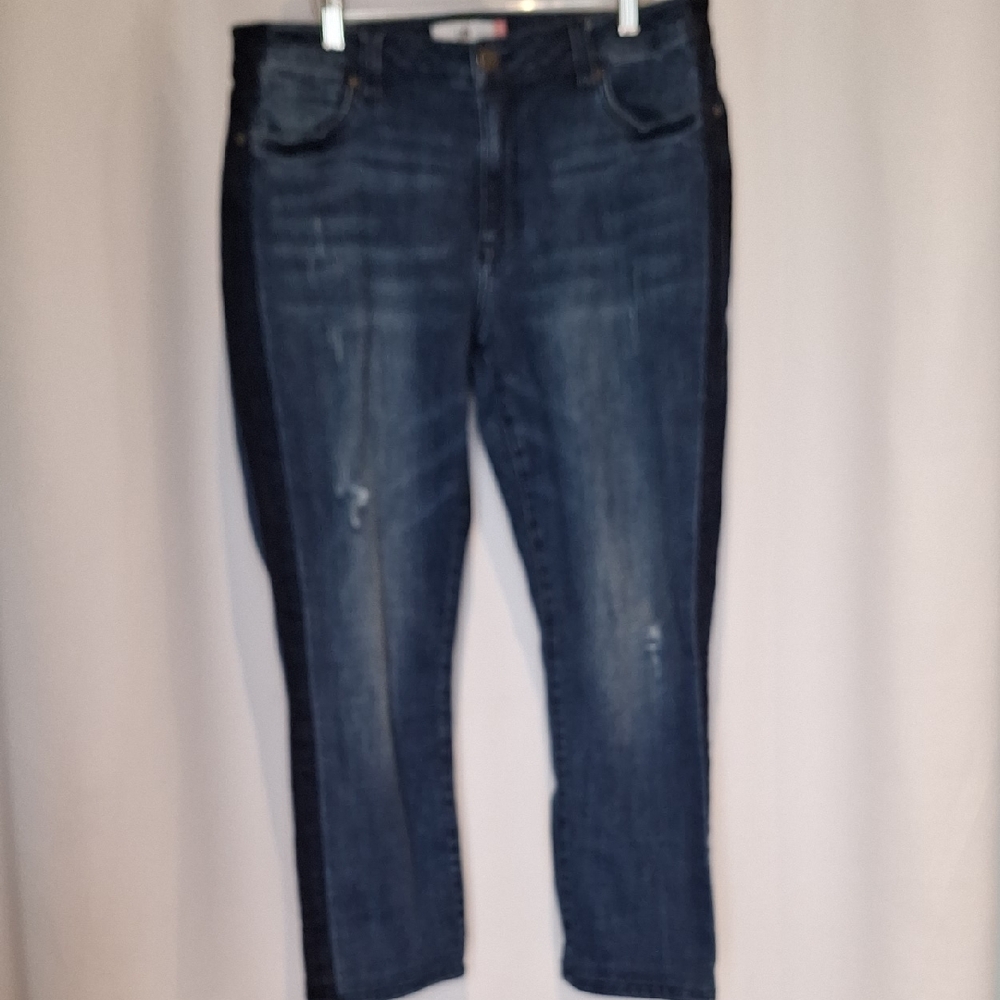 CAbi Women's Straight-Leg Jeans in Dark Indigo Wash Slight Distressing Size 14